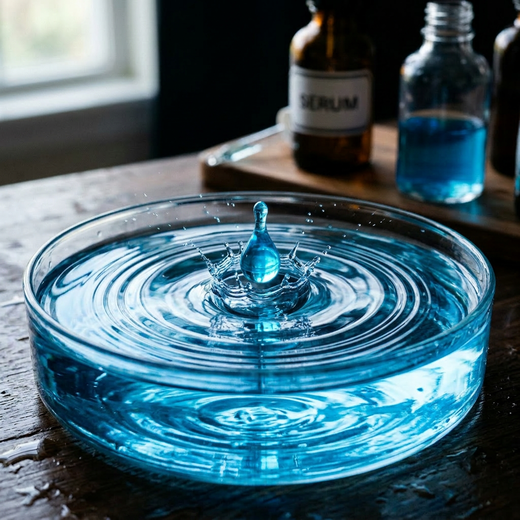 Blue serum drop creating splash in clear water inside glass petri dish