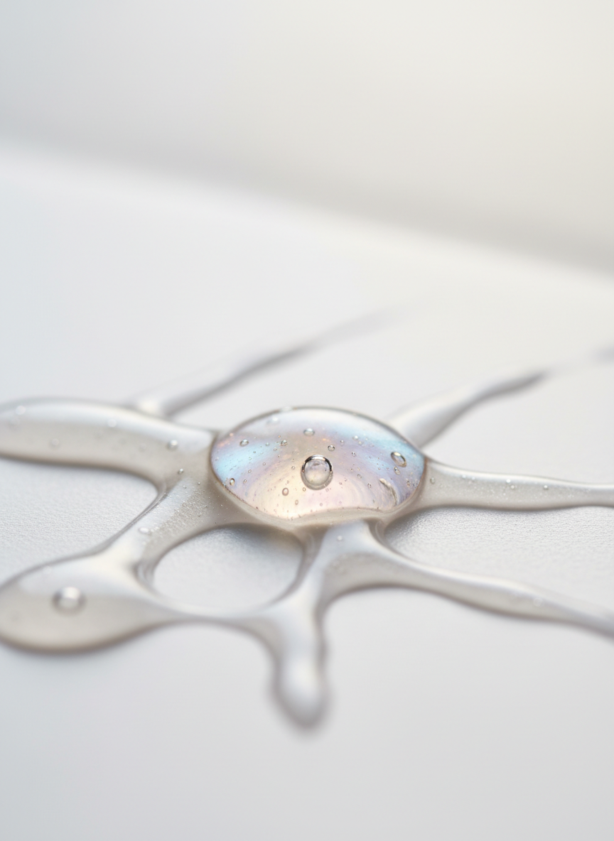 A close-up, macro-style photographic image of a smooth, iridescent droplet of peptide serum resting on a pristine white ceramic tile. Surrounding it are gently curving, almost abstract swirls of clear liquid, suggesting texture and spreadability. Soft, diffused studio lighting from multiple directions creates delicate reflections within the droplet and silky gradients across the surface, emphasizing clarity and refinement. The background fades into a soft blur of pale silver and ivory tones, giving a sense of depth without distractions. The mood is scientific yet sensual, highlighting the cosmetic ingredient’s elegance. Shot from a very low, side-on angle with extreme detail, the composition is minimalist and sophisticated, ideal for illustrating formulation quality.