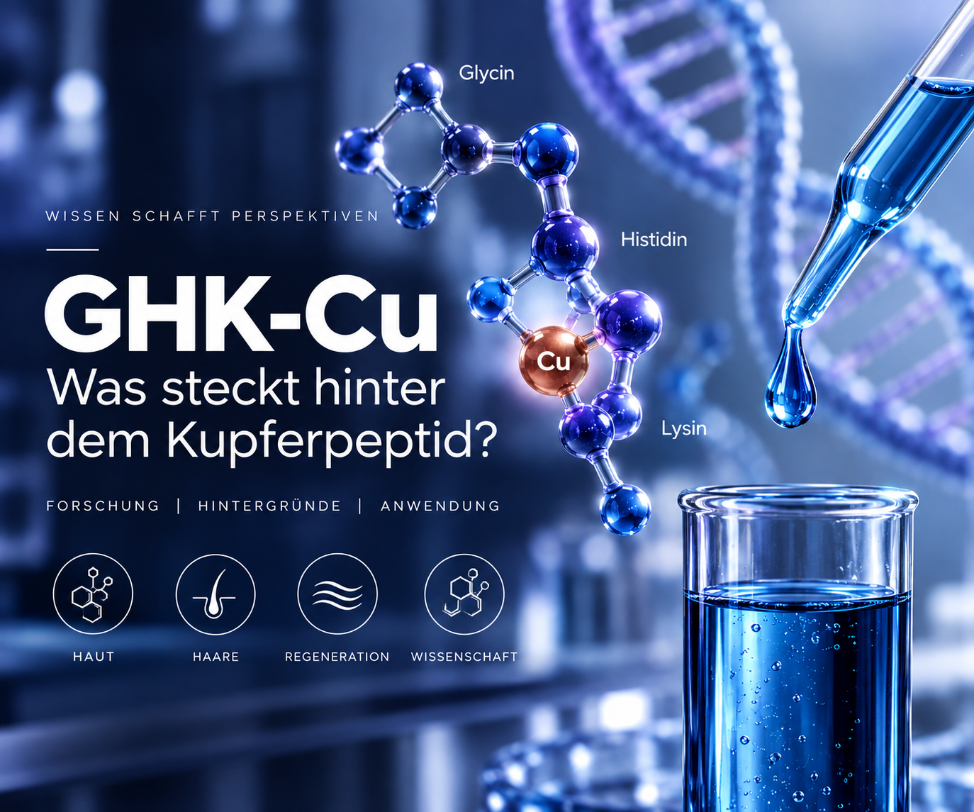 GHK-Cu molecule visualization showing Glycin, Histidin, and Lysin components with copper center, laboratory equipment, and research context